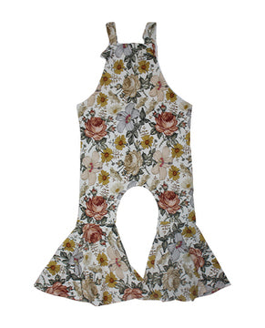 TAN FLORAL BELL OVERALLS
