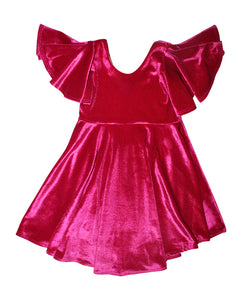 Flutter Sleeve Velvet Twirl DRESS Pink