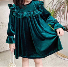 Load image into Gallery viewer, Green velvet ruffle dress