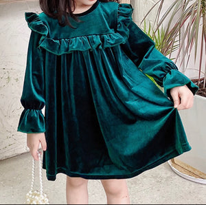 Green velvet ruffle dress